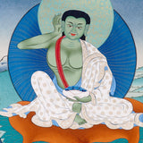 Milarepa thangka painting showing Tibetan yogi in listening posture with green body and traditional robes holding a bowl