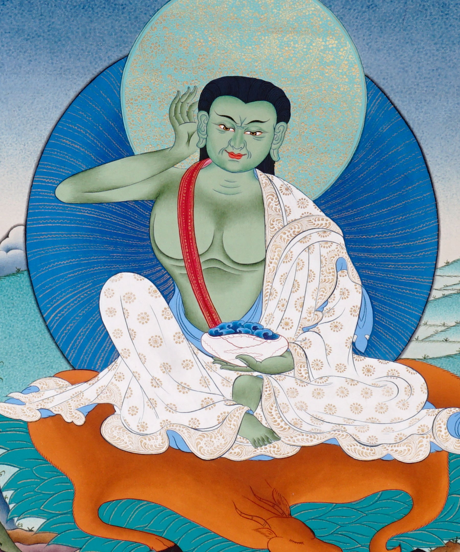 Milarepa thangka painting showing Tibetan yogi in listening posture with green body and traditional robes holding a bowl
