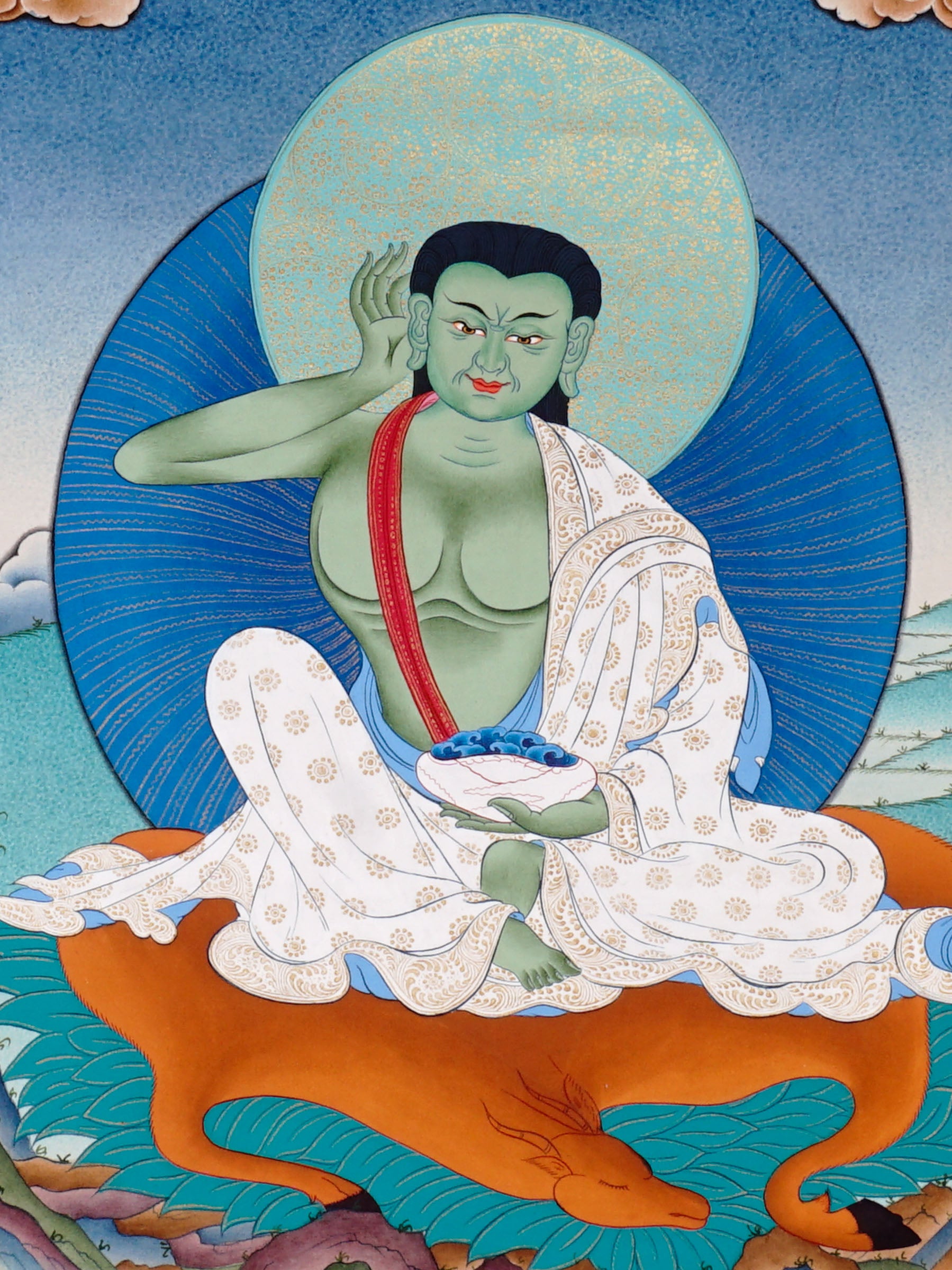 Milarepa thangka painting showing Tibetan yogi in listening posture with green body and traditional robes holding a bowl