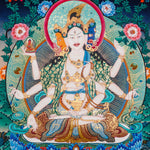 Namgyalma Thangka Painting showing the Tibetan Buddhist long life deity Ushnishavijaya with three faces, multiple arms, sacred implements, lotus throne, radiant halo, floral background and offering details.