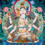 Namgyalma Thangka Painting showing the Tibetan Buddhist long life deity Ushnishavijaya with three faces, multiple arms, sacred implements, lotus throne, radiant halo, floral background and offering details.