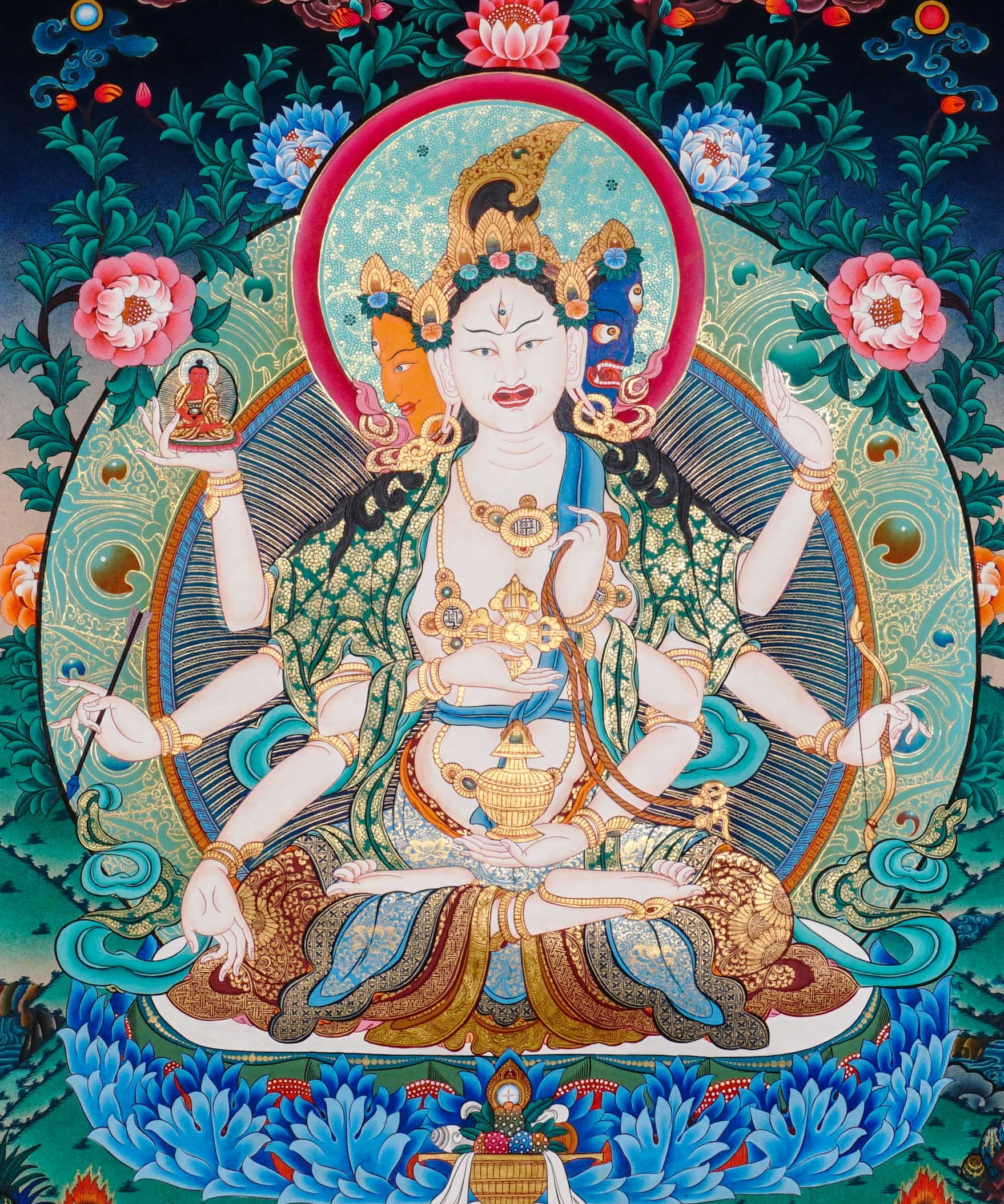 Namgyalma Thangka Painting showing the Tibetan Buddhist long life deity Ushnishavijaya with three faces, multiple arms, sacred implements, lotus throne, radiant halo, floral background and offering details.