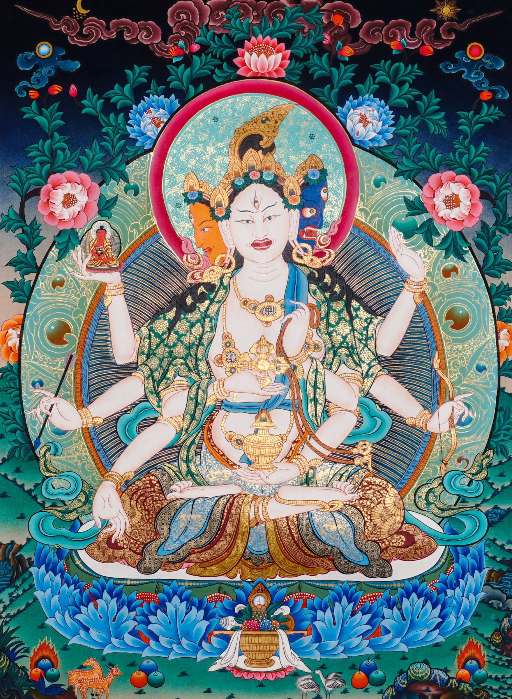 Namgyalma Thangka Painting showing the Tibetan Buddhist long life deity Ushnishavijaya with three faces, multiple arms, sacred implements, lotus throne, radiant halo, floral background and offering details.