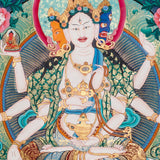 Namgyalma Thangka Painting showing the Tibetan Buddhist long life deity Ushnishavijaya with three faces, multiple arms, sacred implements, lotus throne, radiant halo, floral background and offering details.