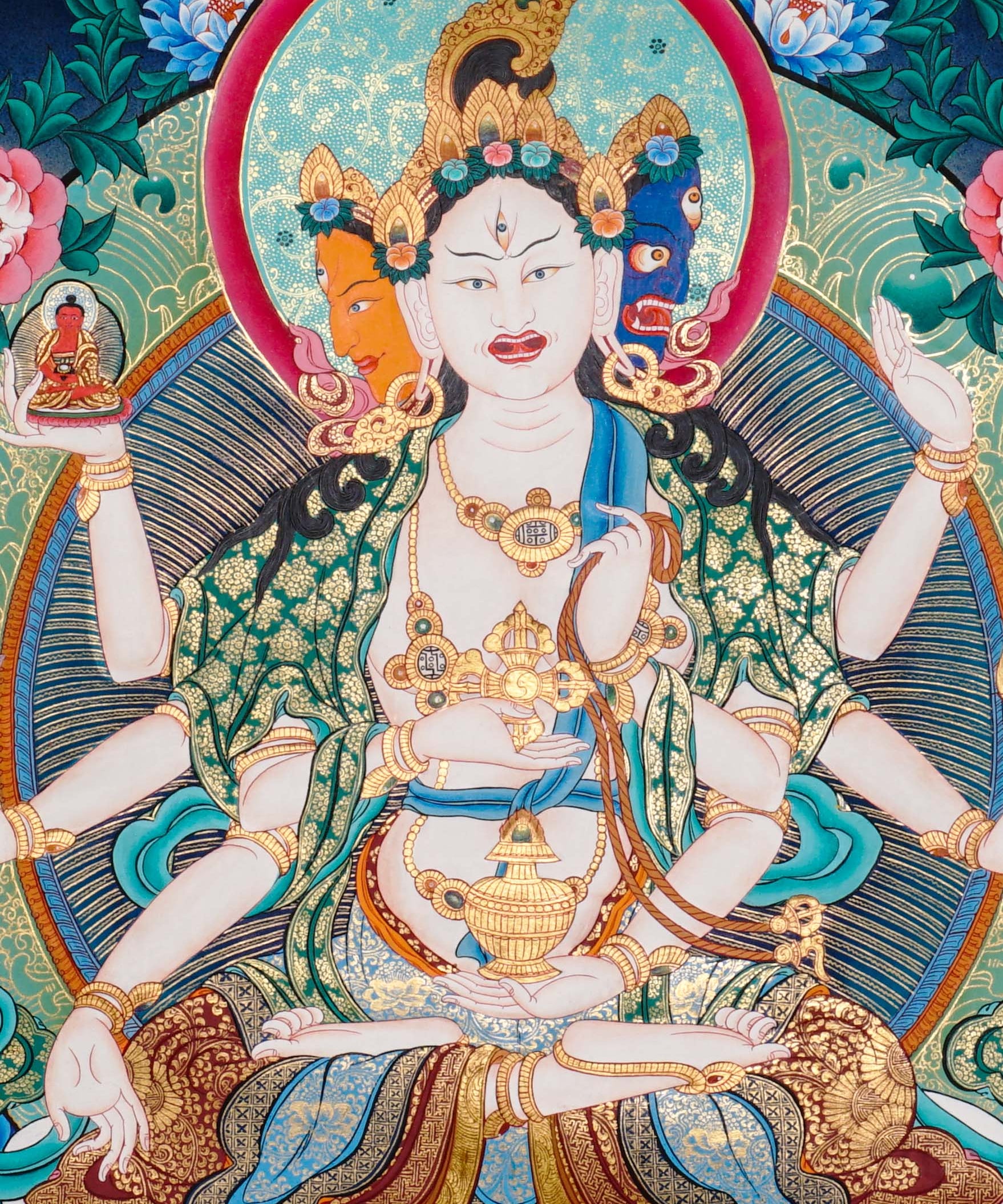 Namgyalma Thangka Painting showing the Tibetan Buddhist long life deity Ushnishavijaya with three faces, multiple arms, sacred implements, lotus throne, radiant halo, floral background and offering details.