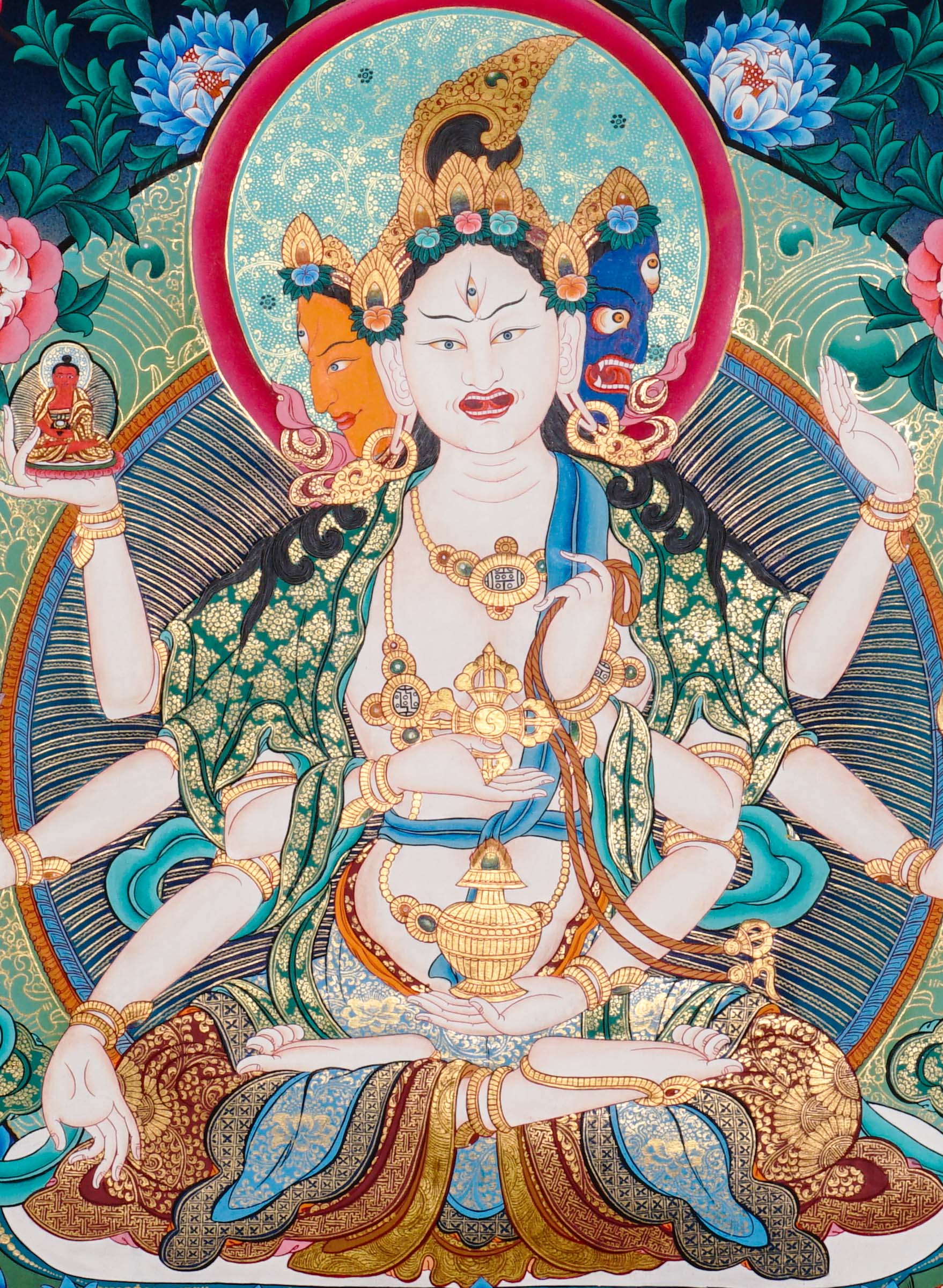Namgyalma Thangka Painting showing the Tibetan Buddhist long life deity Ushnishavijaya with three faces, multiple arms, sacred implements, lotus throne, radiant halo, floral background and offering details.