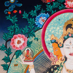 Namgyalma Thangka Painting showing the Tibetan Buddhist long life deity Ushnishavijaya with three faces, multiple arms, sacred implements, lotus throne, radiant halo, floral background and offering details.