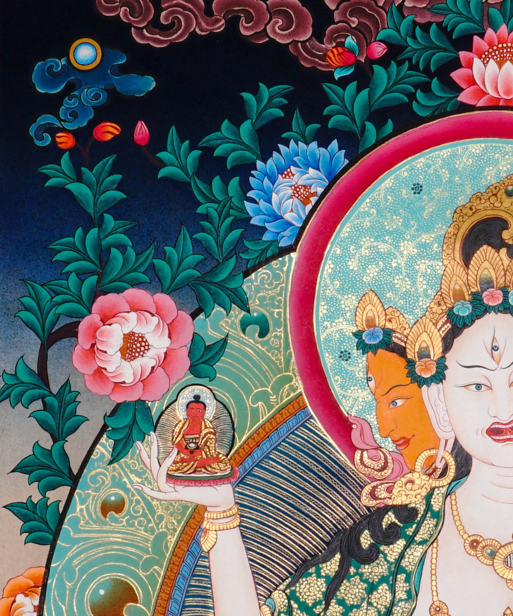 Namgyalma Thangka Painting showing the Tibetan Buddhist long life deity Ushnishavijaya with three faces, multiple arms, sacred implements, lotus throne, radiant halo, floral background and offering details.