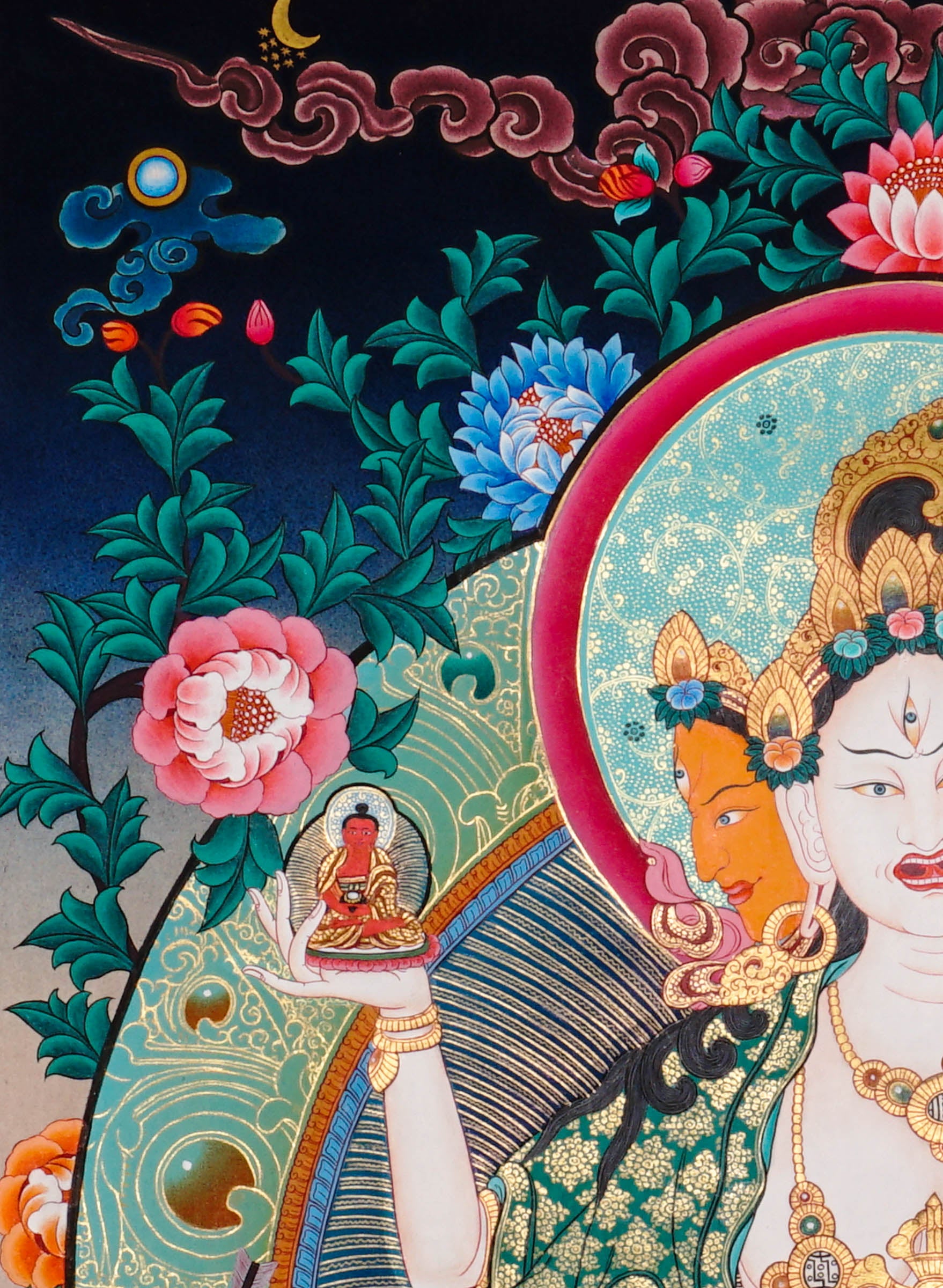 Namgyalma Thangka Painting showing the Tibetan Buddhist long life deity Ushnishavijaya with three faces, multiple arms, sacred implements, lotus throne, radiant halo, floral background and offering details.