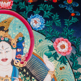 Namgyalma Thangka Painting showing the Tibetan Buddhist long life deity Ushnishavijaya with three faces, multiple arms, sacred implements, lotus throne, radiant halo, floral background and offering details.