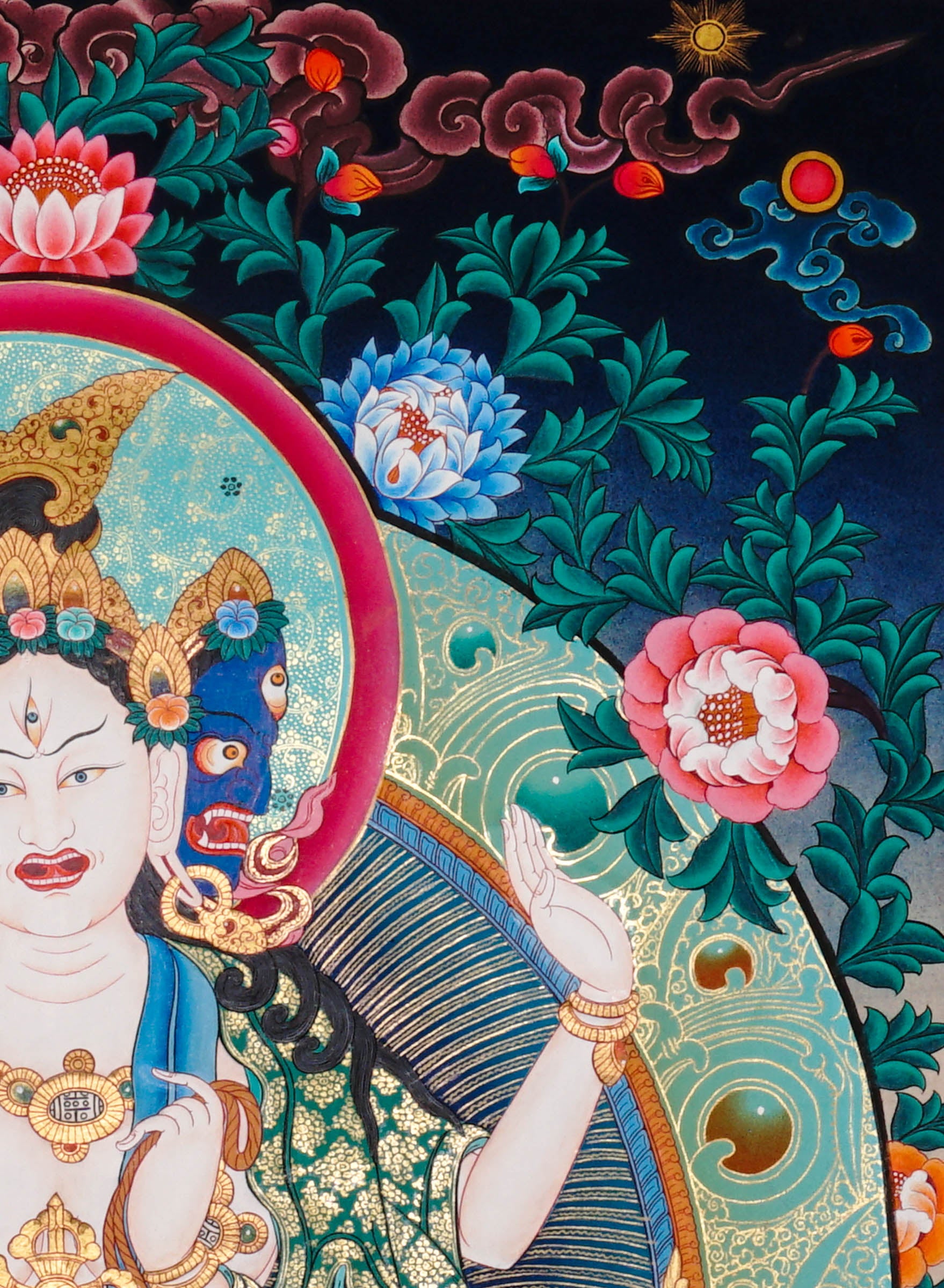 Namgyalma Thangka Painting showing the Tibetan Buddhist long life deity Ushnishavijaya with three faces, multiple arms, sacred implements, lotus throne, radiant halo, floral background and offering details.
