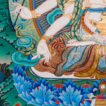 Namgyalma Thangka Painting showing the Tibetan Buddhist long life deity Ushnishavijaya with three faces, multiple arms, sacred implements, lotus throne, radiant halo, floral background and offering details.