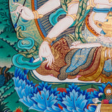 Namgyalma Thangka Painting showing the Tibetan Buddhist long life deity Ushnishavijaya with three faces, multiple arms, sacred implements, lotus throne, radiant halo, floral background and offering details.