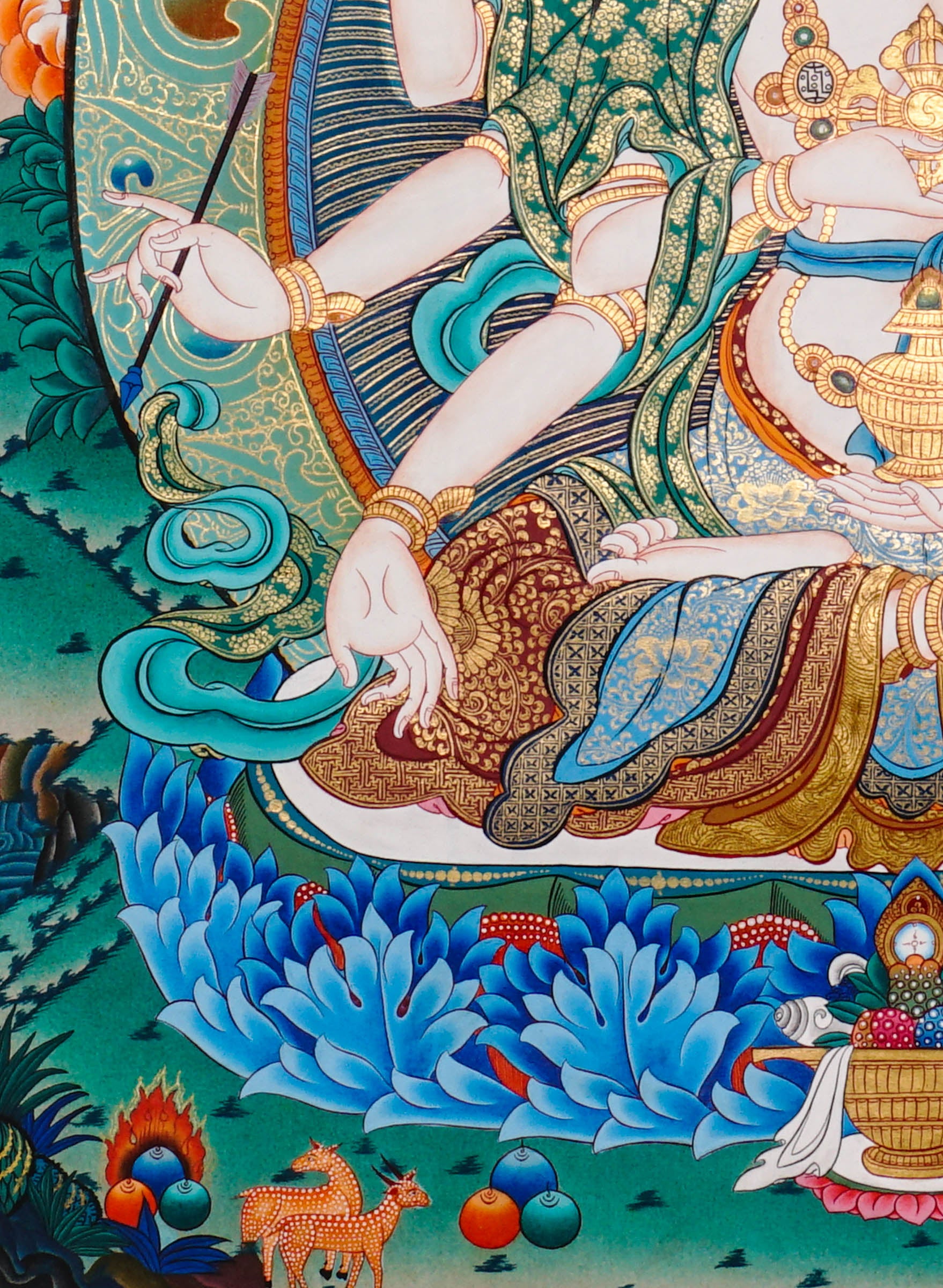 Namgyalma Thangka Painting showing the Tibetan Buddhist long life deity Ushnishavijaya with three faces, multiple arms, sacred implements, lotus throne, radiant halo, floral background and offering details.