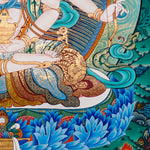 Namgyalma Thangka Painting showing the Tibetan Buddhist long life deity Ushnishavijaya with three faces, multiple arms, sacred implements, lotus throne, radiant halo, floral background and offering details.