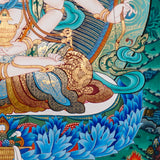 Namgyalma Thangka Painting showing the Tibetan Buddhist long life deity Ushnishavijaya with three faces, multiple arms, sacred implements, lotus throne, radiant halo, floral background and offering details.