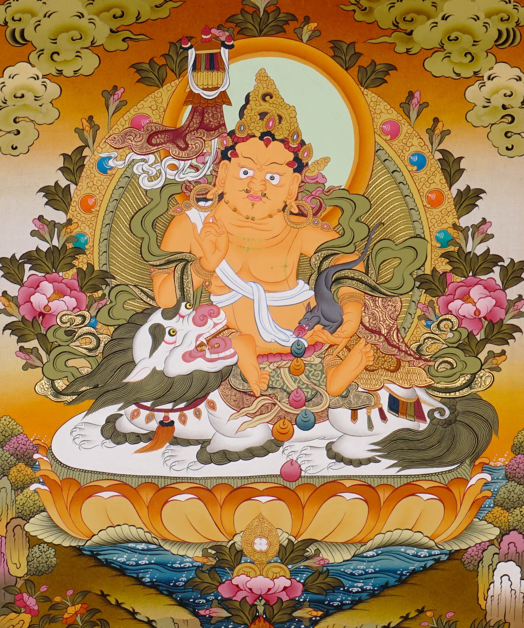 Singha Zambala Thangka Painting from Nepal featuring sacred prosperity symbolism, traditional craftsmanship, and vibrant Tibetan Buddhist art.
