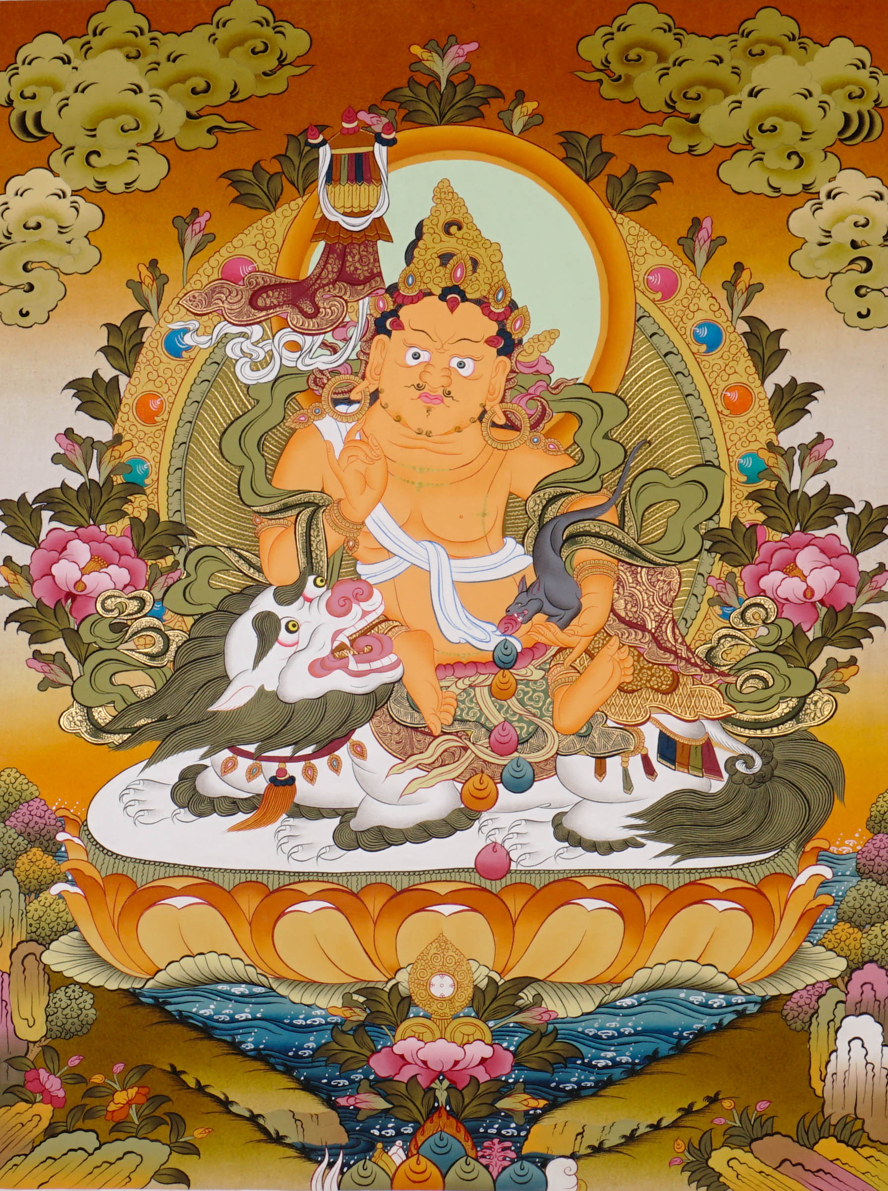 Singha Zambala Thangka Painting from Nepal featuring sacred prosperity symbolism, traditional craftsmanship, and vibrant Tibetan Buddhist art.