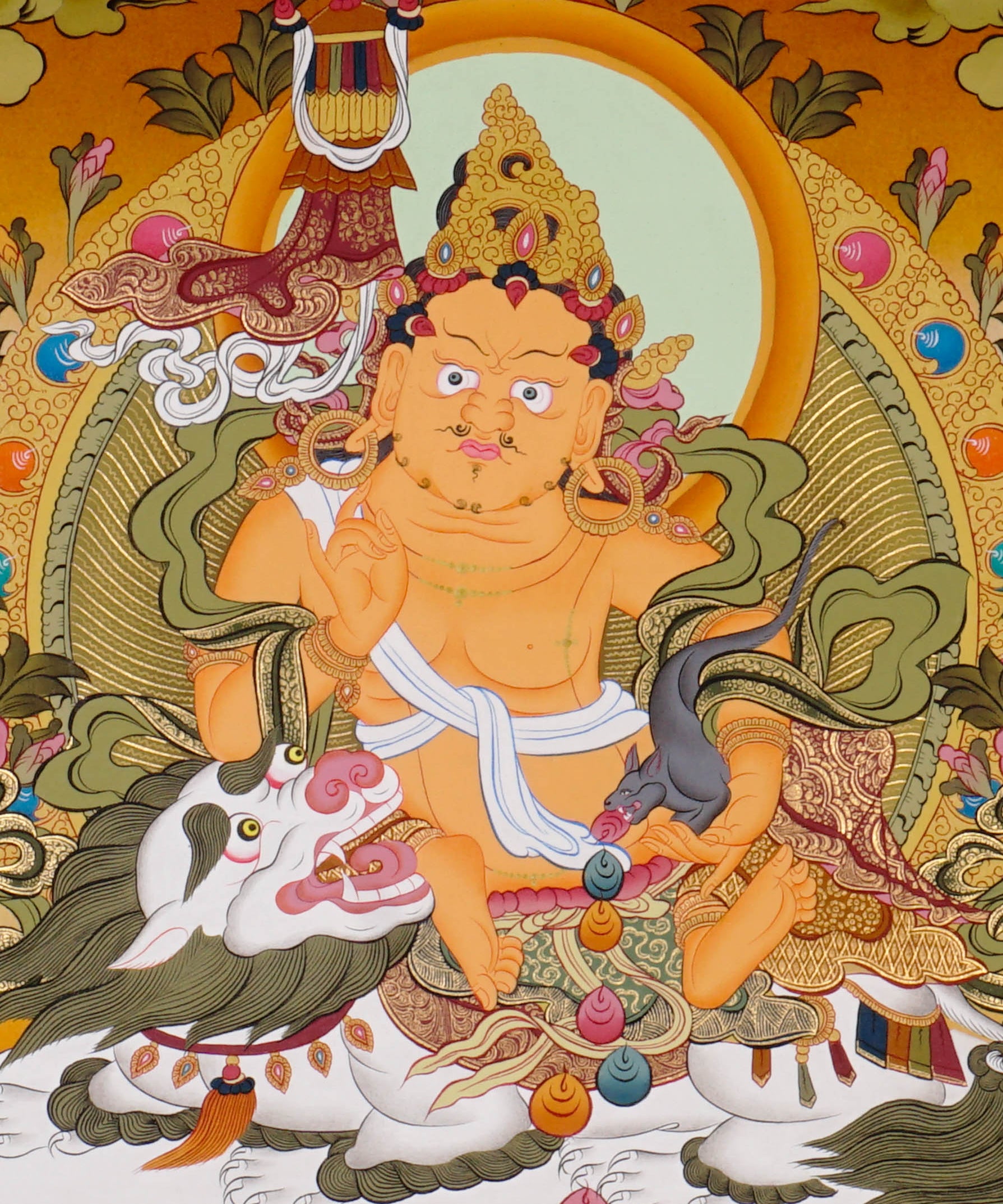 Singha Zambala Thangka Painting from Nepal featuring sacred prosperity symbolism, traditional craftsmanship, and vibrant Tibetan Buddhist art.