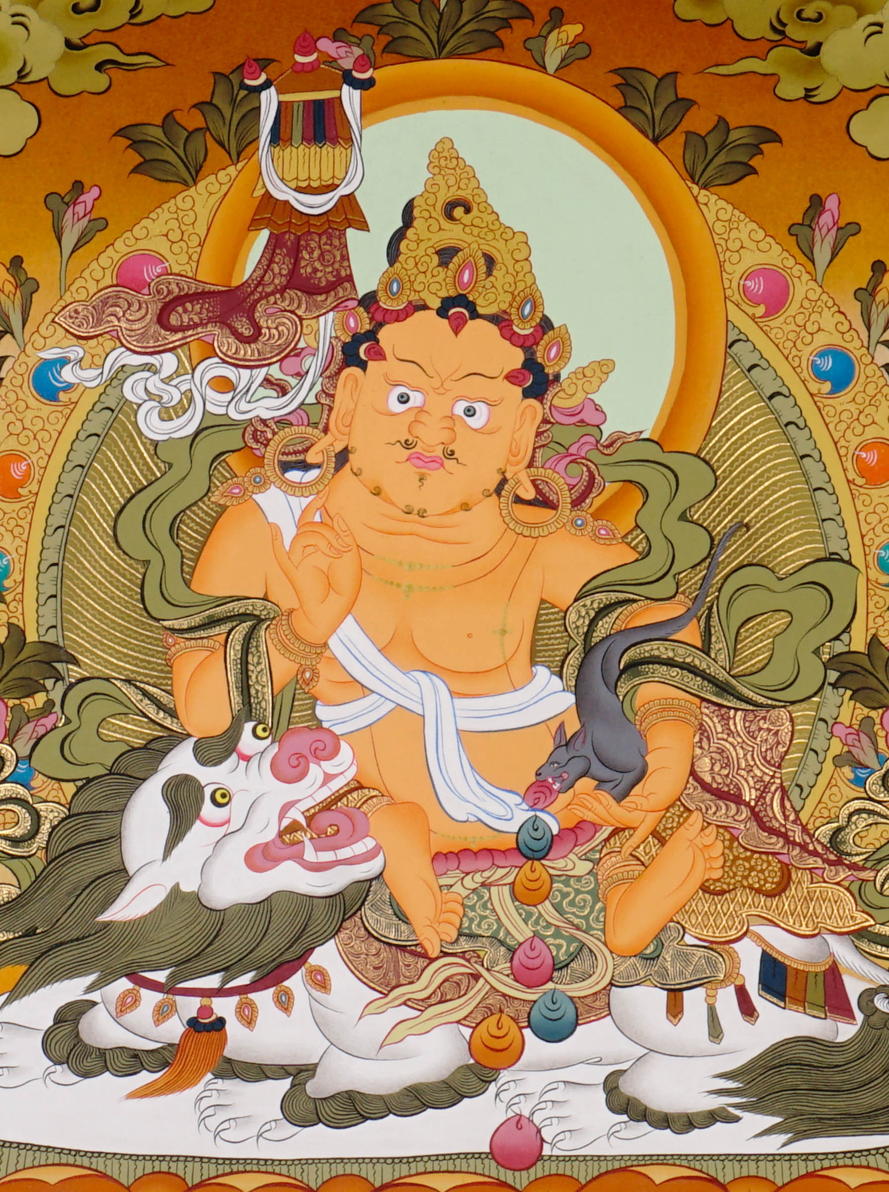 Singha Zambala Thangka Painting from Nepal featuring sacred prosperity symbolism, traditional craftsmanship, and vibrant Tibetan Buddhist art.