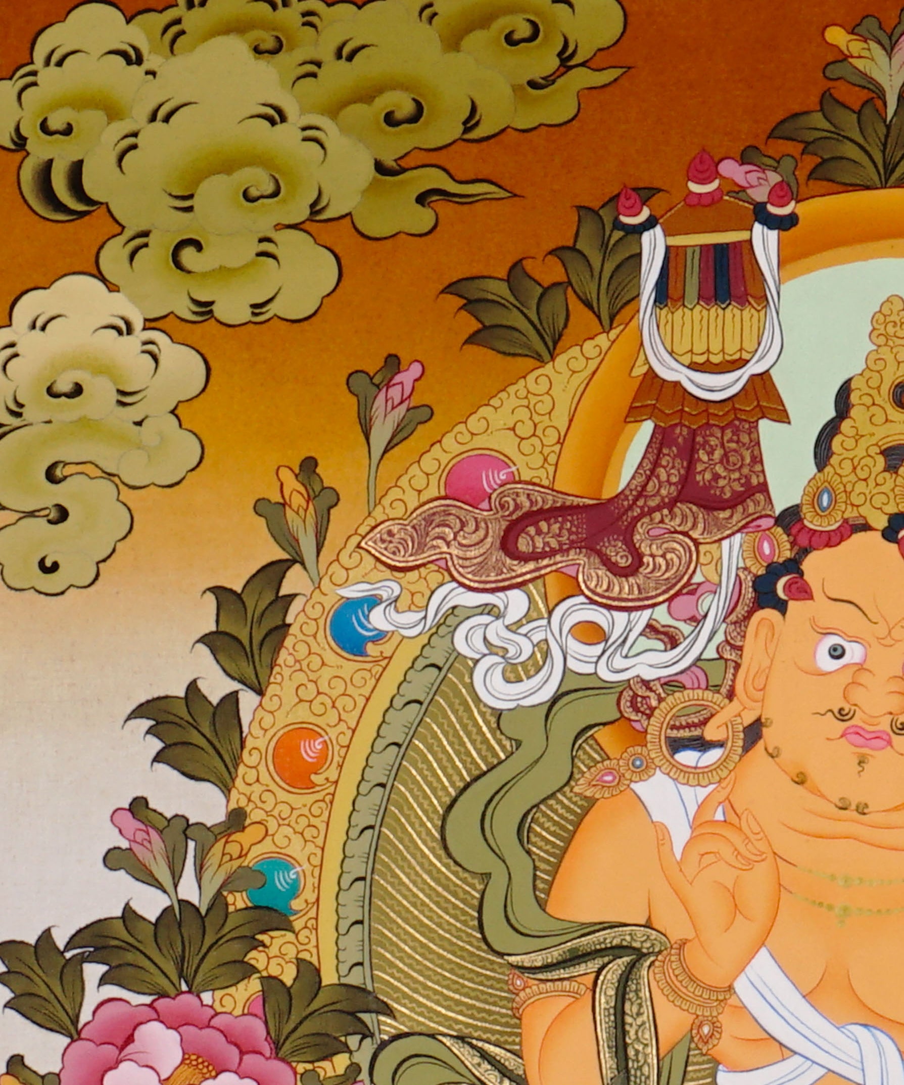 Singha Zambala Thangka Painting from Nepal featuring sacred prosperity symbolism, traditional craftsmanship, and vibrant Tibetan Buddhist art.