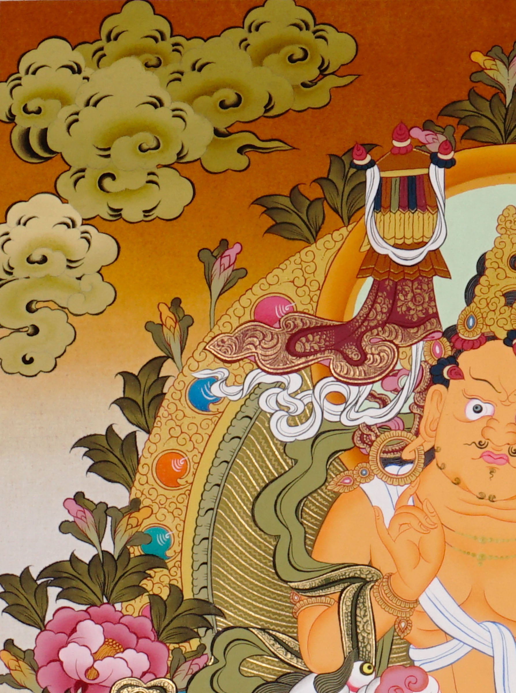 Singha Zambala Thangka Painting from Nepal featuring sacred prosperity symbolism, traditional craftsmanship, and vibrant Tibetan Buddhist art.