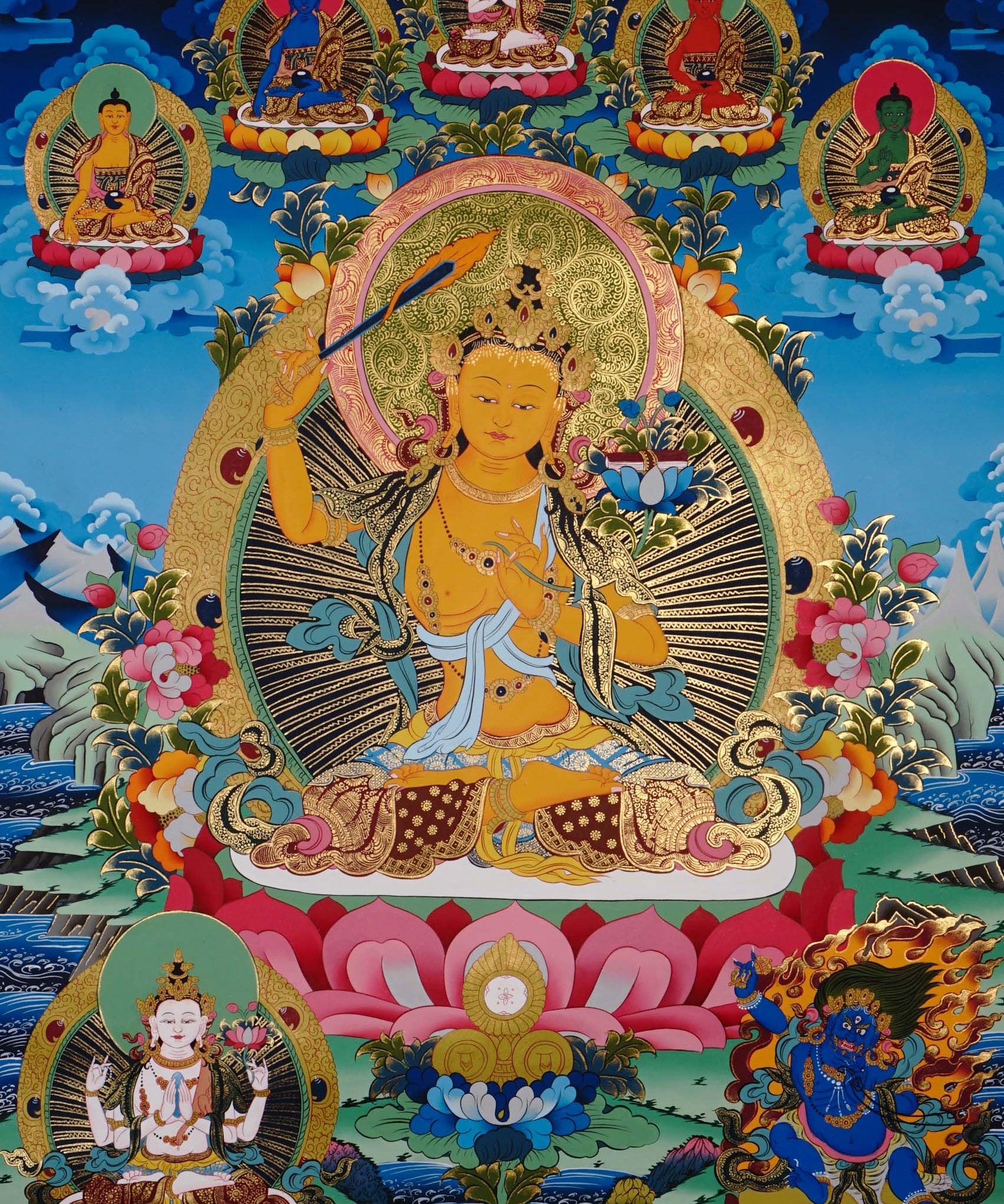 hand painted manjushri buddhist thangka for altar decor