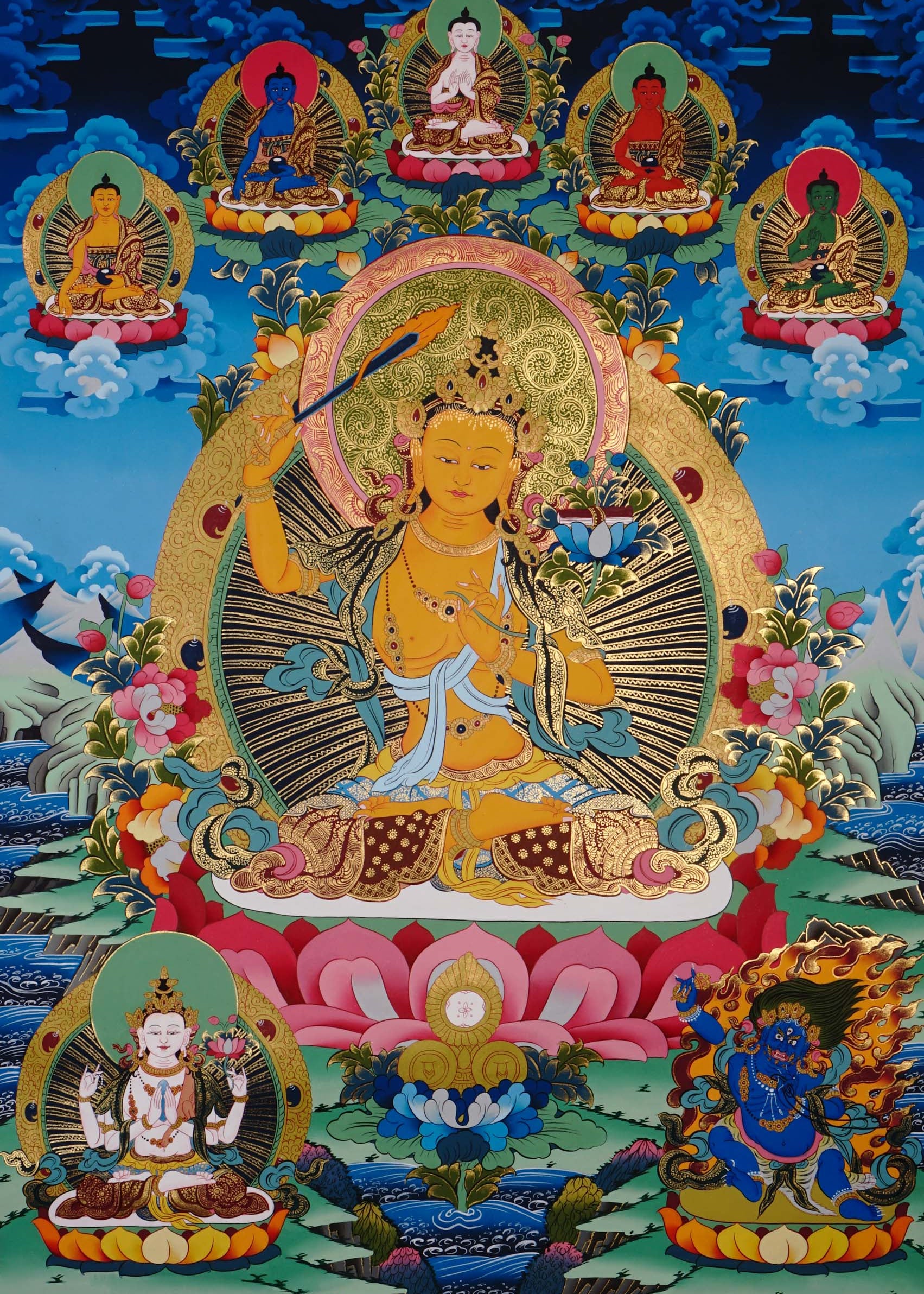 hand painted manjushri buddhist thangka for altar decor