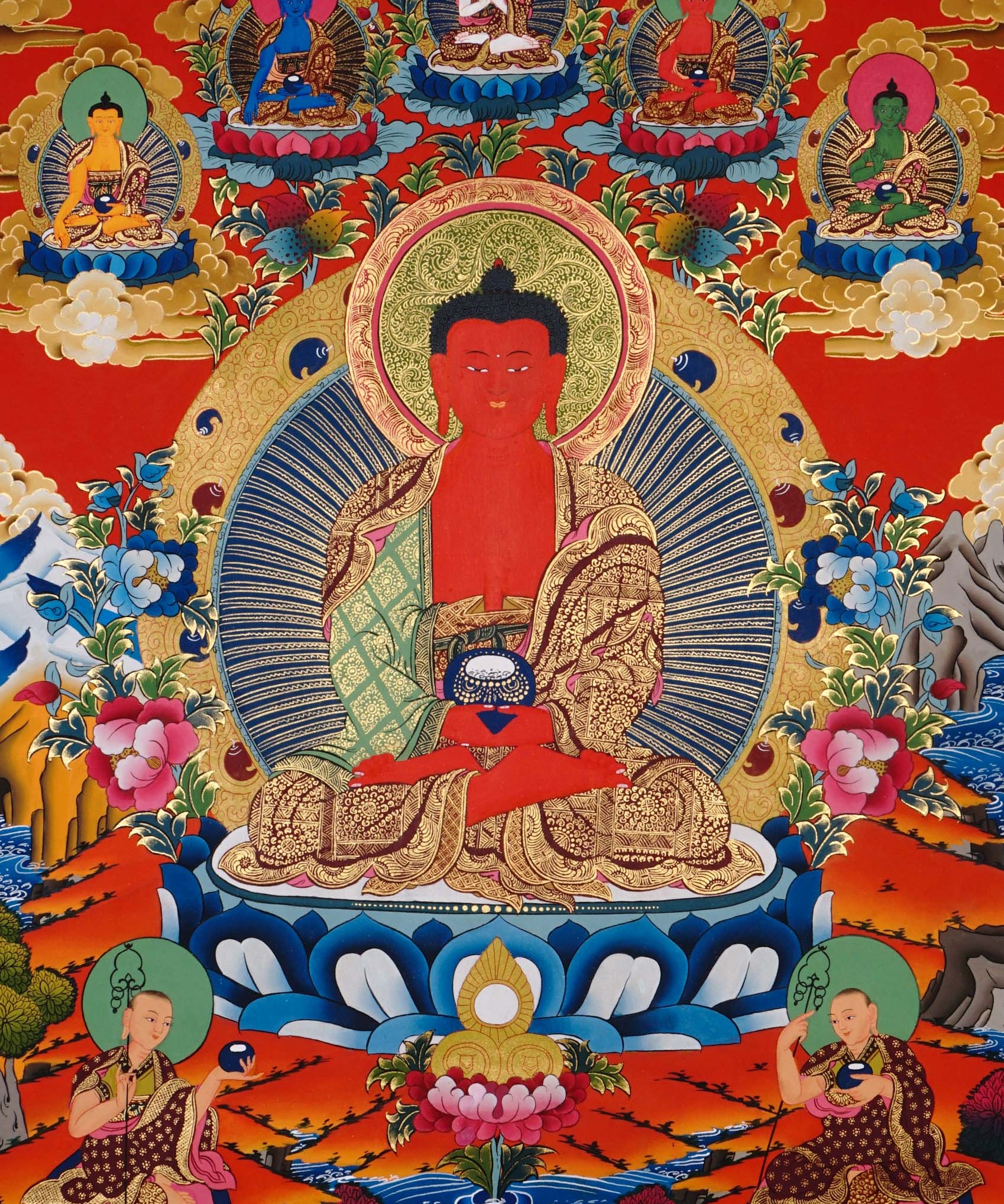 red amitabha buddha himalayan thangka painting