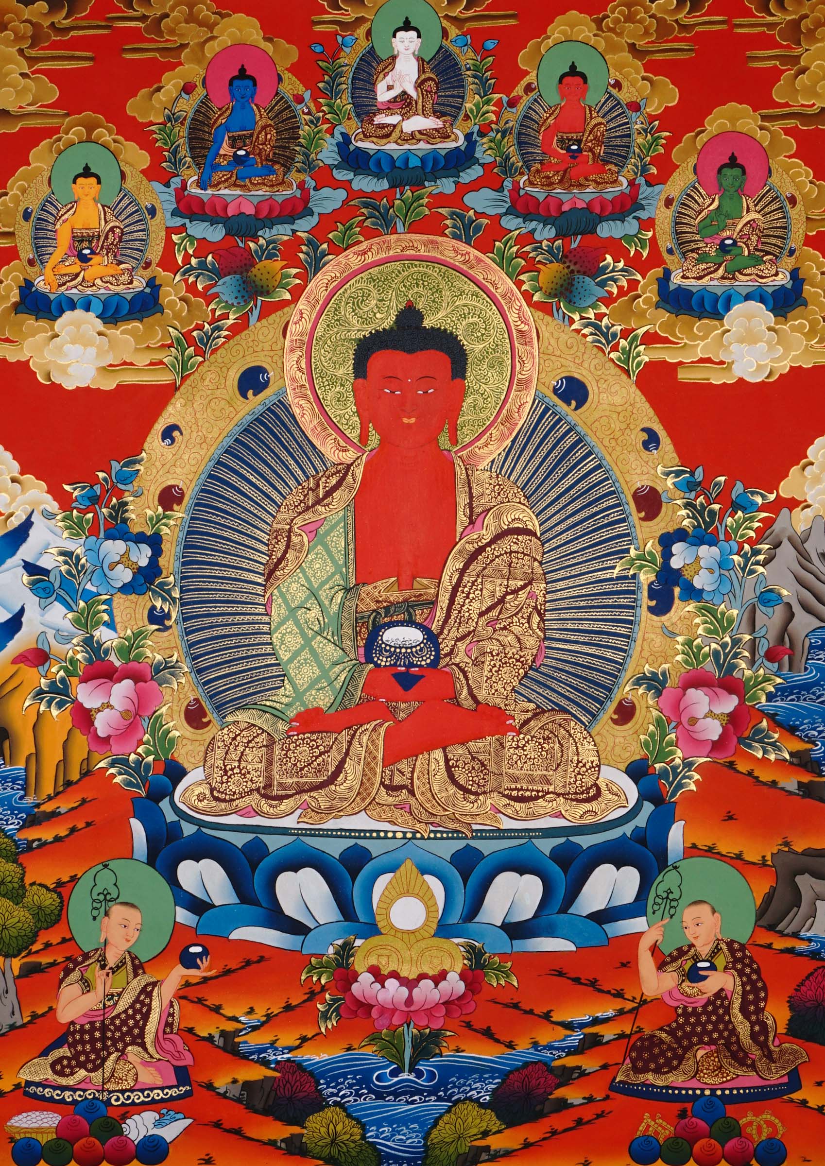 red amitabha buddha himalayan thangka painting