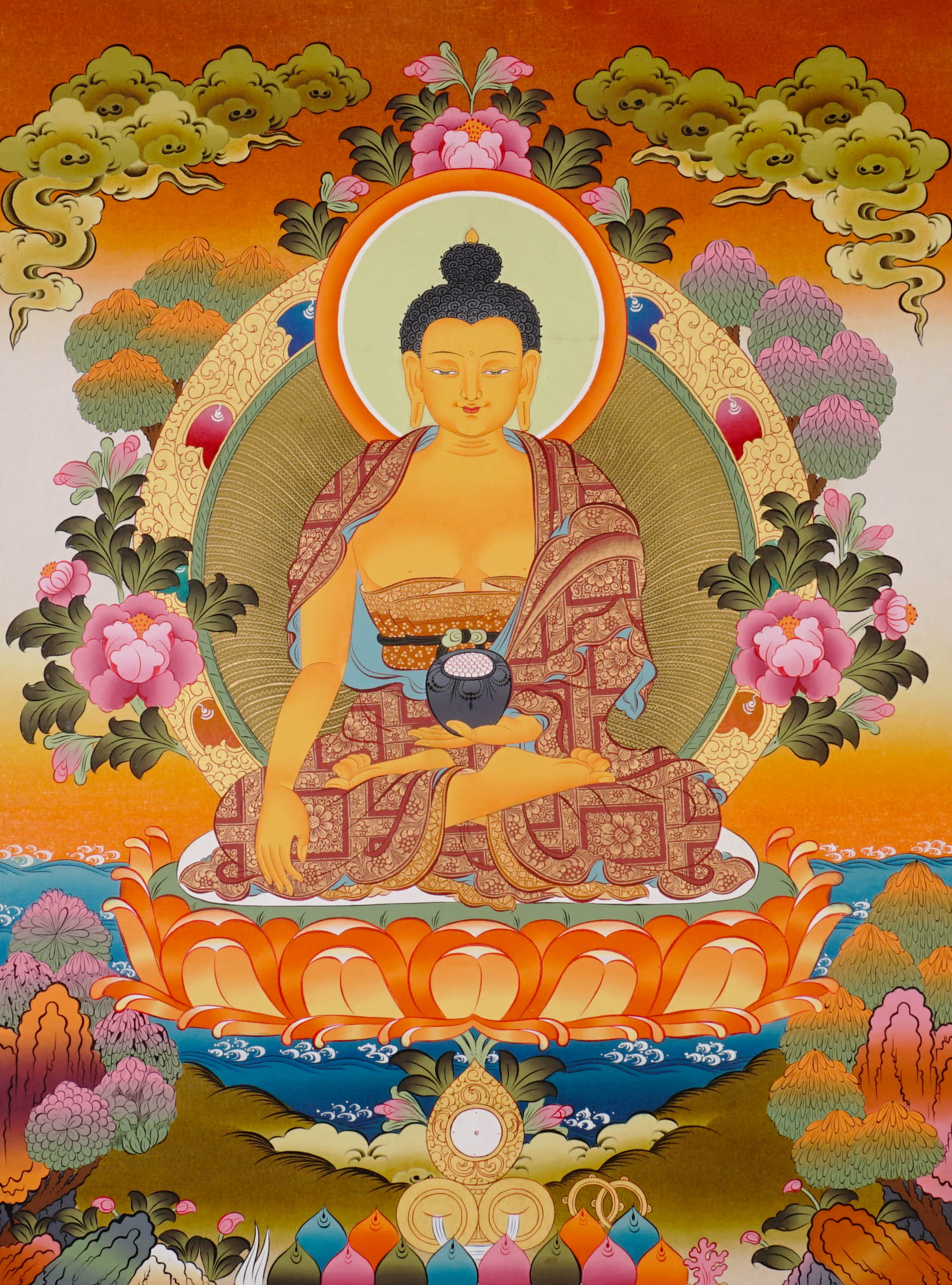 Shakyamuni Buddha Thangka painting with lotus throne, alms bowl, floral motifs, and Tibetan Buddhist enlightenment symbolism.