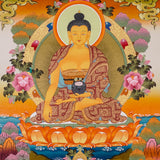 Shakyamuni Buddha Thangka painting with lotus throne, alms bowl, floral motifs, and Tibetan Buddhist enlightenment symbolism.