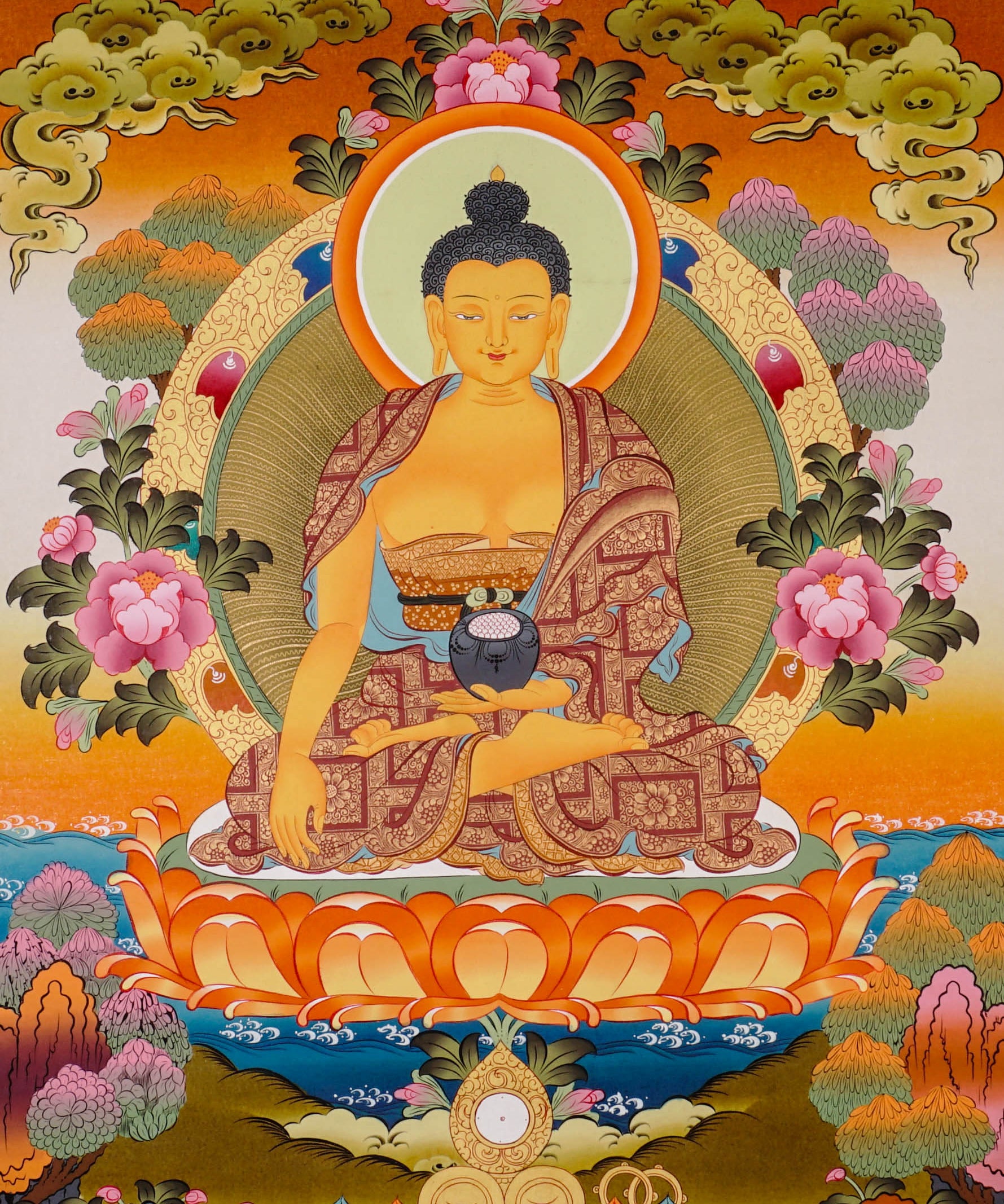Shakyamuni Buddha Thangka painting with lotus throne, alms bowl, floral motifs, and Tibetan Buddhist enlightenment symbolism.