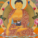 Shakyamuni Buddha Thangka painting with lotus throne, alms bowl, floral motifs, and Tibetan Buddhist enlightenment symbolism.