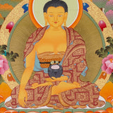 Shakyamuni Buddha Thangka painting with lotus throne, alms bowl, floral motifs, and Tibetan Buddhist enlightenment symbolism.