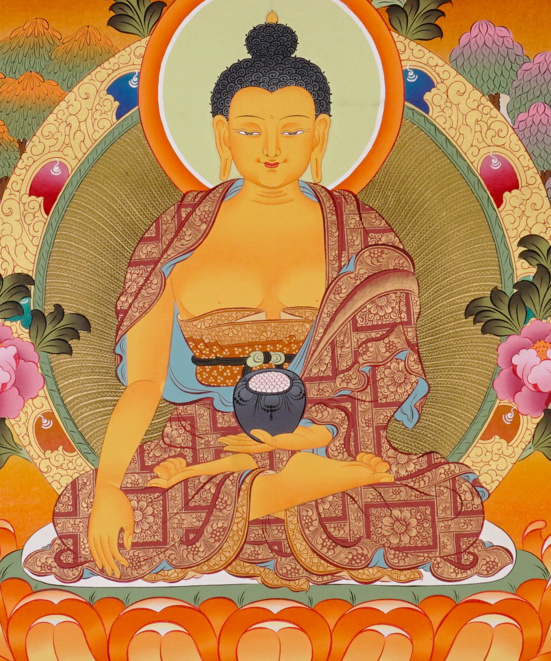 Shakyamuni Buddha Thangka painting with lotus throne, alms bowl, floral motifs, and Tibetan Buddhist enlightenment symbolism.