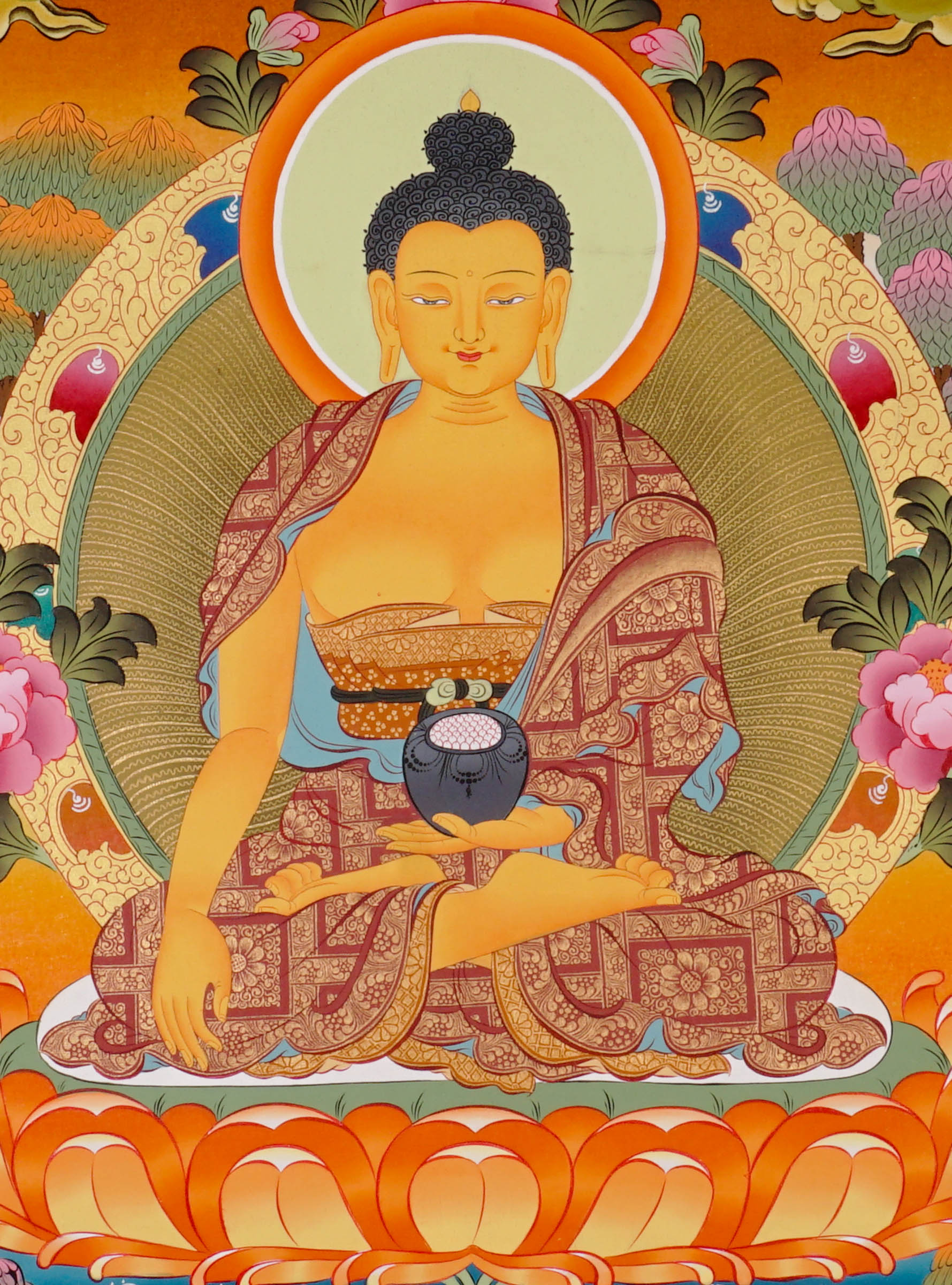 Shakyamuni Buddha Thangka painting with lotus throne, alms bowl, floral motifs, and Tibetan Buddhist enlightenment symbolism.