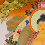 Shakyamuni Buddha Thangka painting with lotus throne, alms bowl, floral motifs, and Tibetan Buddhist enlightenment symbolism.