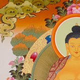Shakyamuni Buddha Thangka painting with lotus throne, alms bowl, floral motifs, and Tibetan Buddhist enlightenment symbolism.