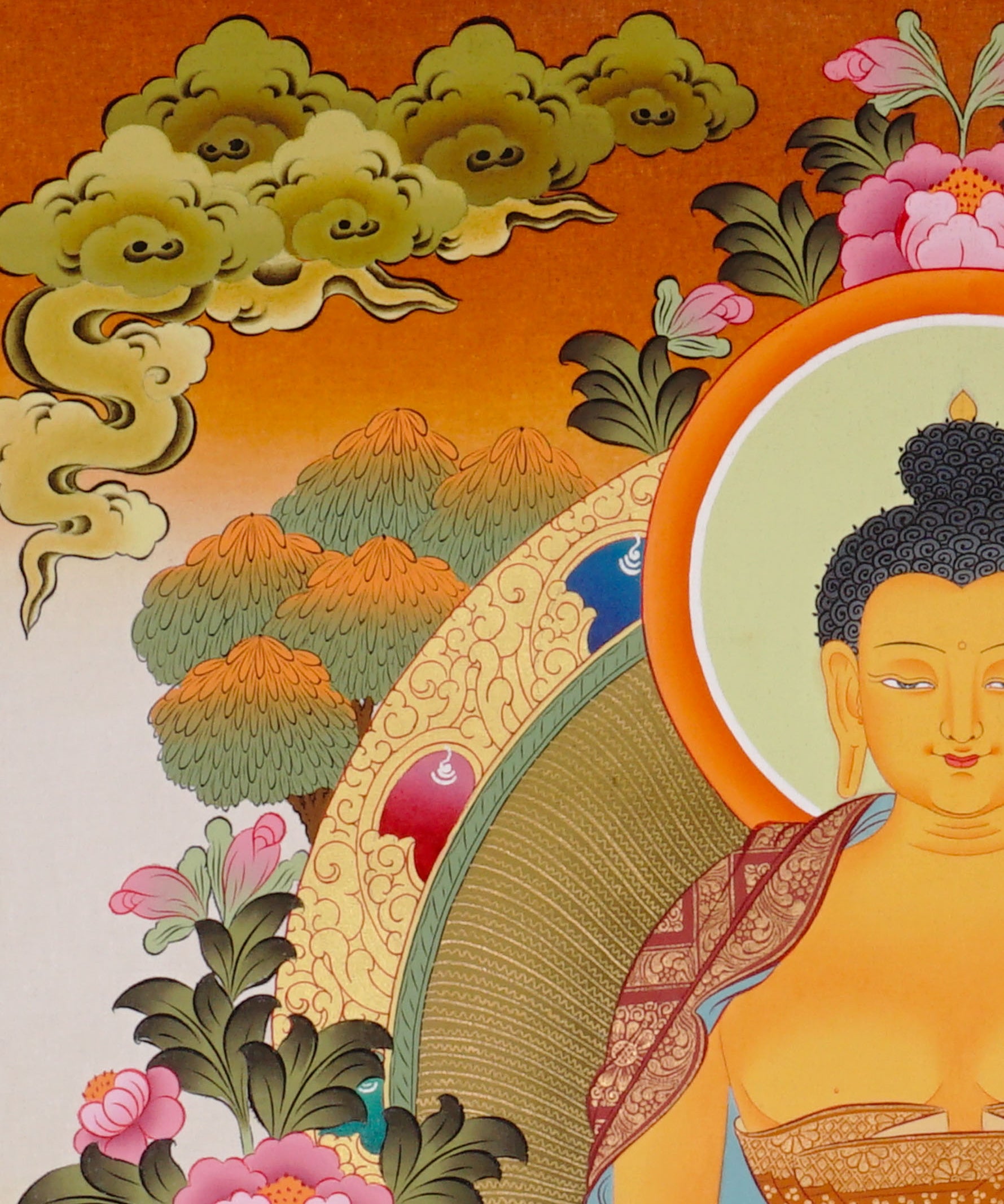 Shakyamuni Buddha Thangka painting with lotus throne, alms bowl, floral motifs, and Tibetan Buddhist enlightenment symbolism.