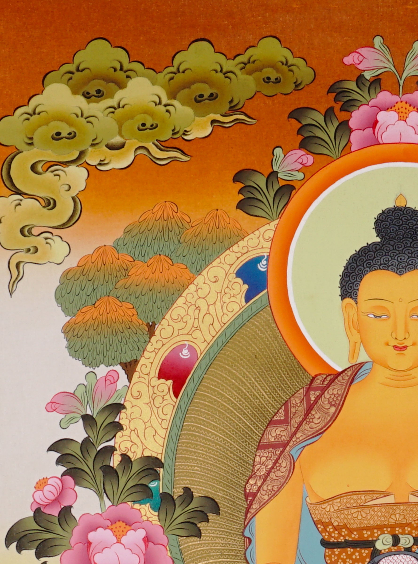 Shakyamuni Buddha Thangka painting with lotus throne, alms bowl, floral motifs, and Tibetan Buddhist enlightenment symbolism.