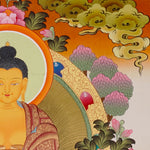Shakyamuni Buddha Thangka painting with lotus throne, alms bowl, floral motifs, and Tibetan Buddhist enlightenment symbolism.