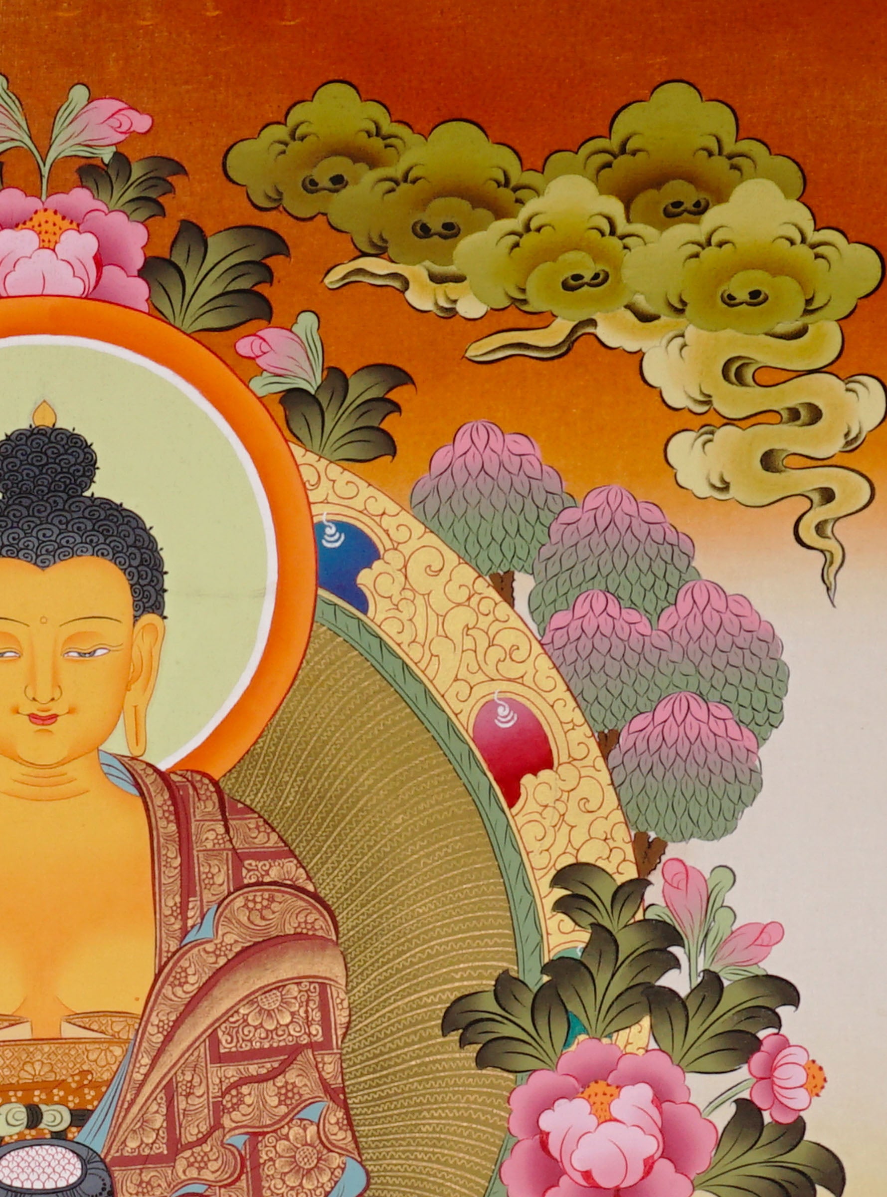 Shakyamuni Buddha Thangka painting with lotus throne, alms bowl, floral motifs, and Tibetan Buddhist enlightenment symbolism.