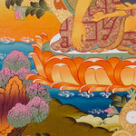 Shakyamuni Buddha Thangka painting with lotus throne, alms bowl, floral motifs, and Tibetan Buddhist enlightenment symbolism.