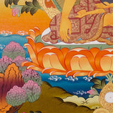 Shakyamuni Buddha Thangka painting with lotus throne, alms bowl, floral motifs, and Tibetan Buddhist enlightenment symbolism.