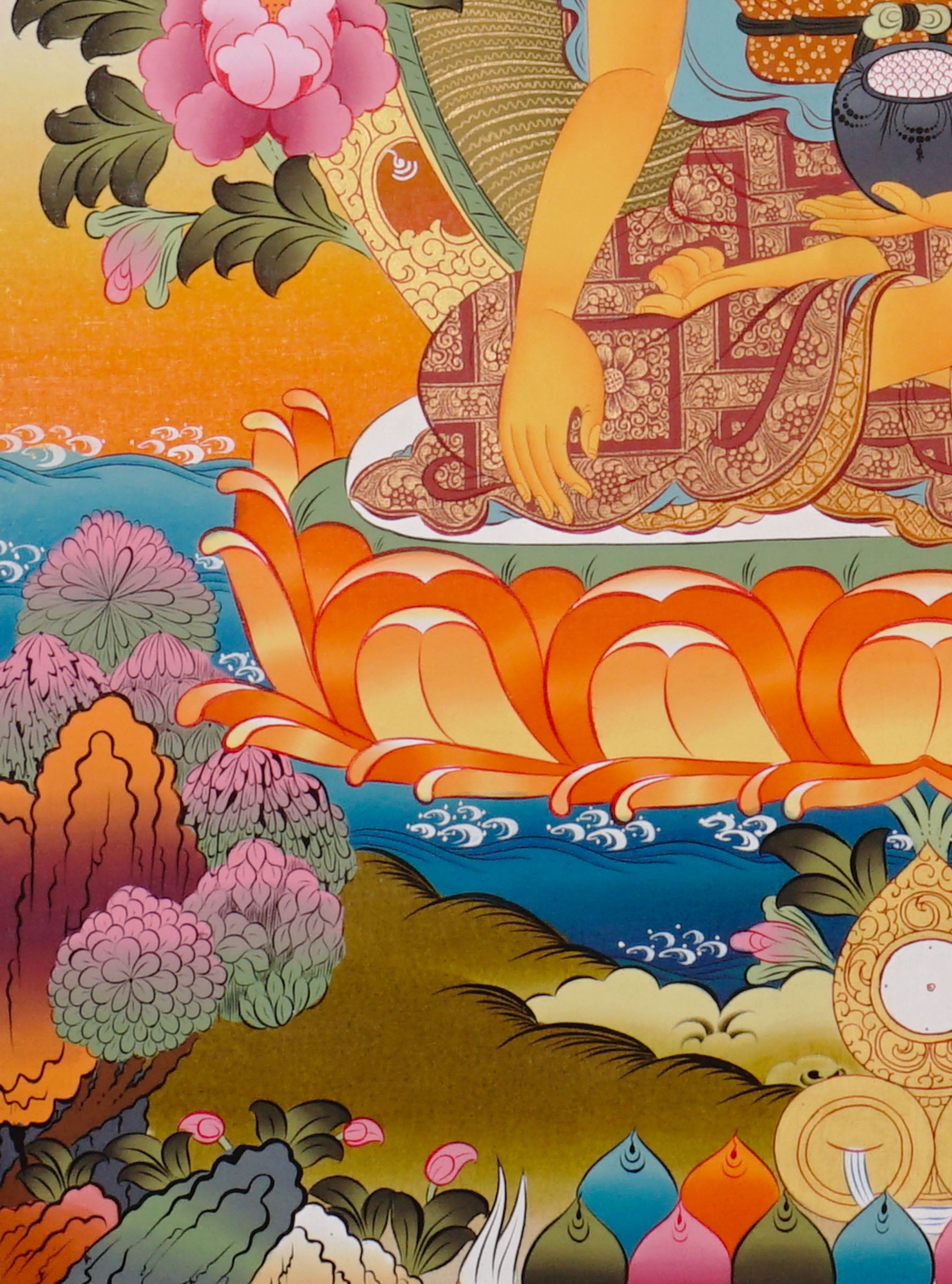 Shakyamuni Buddha Thangka painting with lotus throne, alms bowl, floral motifs, and Tibetan Buddhist enlightenment symbolism.
