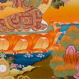 Shakyamuni Buddha Thangka painting with lotus throne, alms bowl, floral motifs, and Tibetan Buddhist enlightenment symbolism.