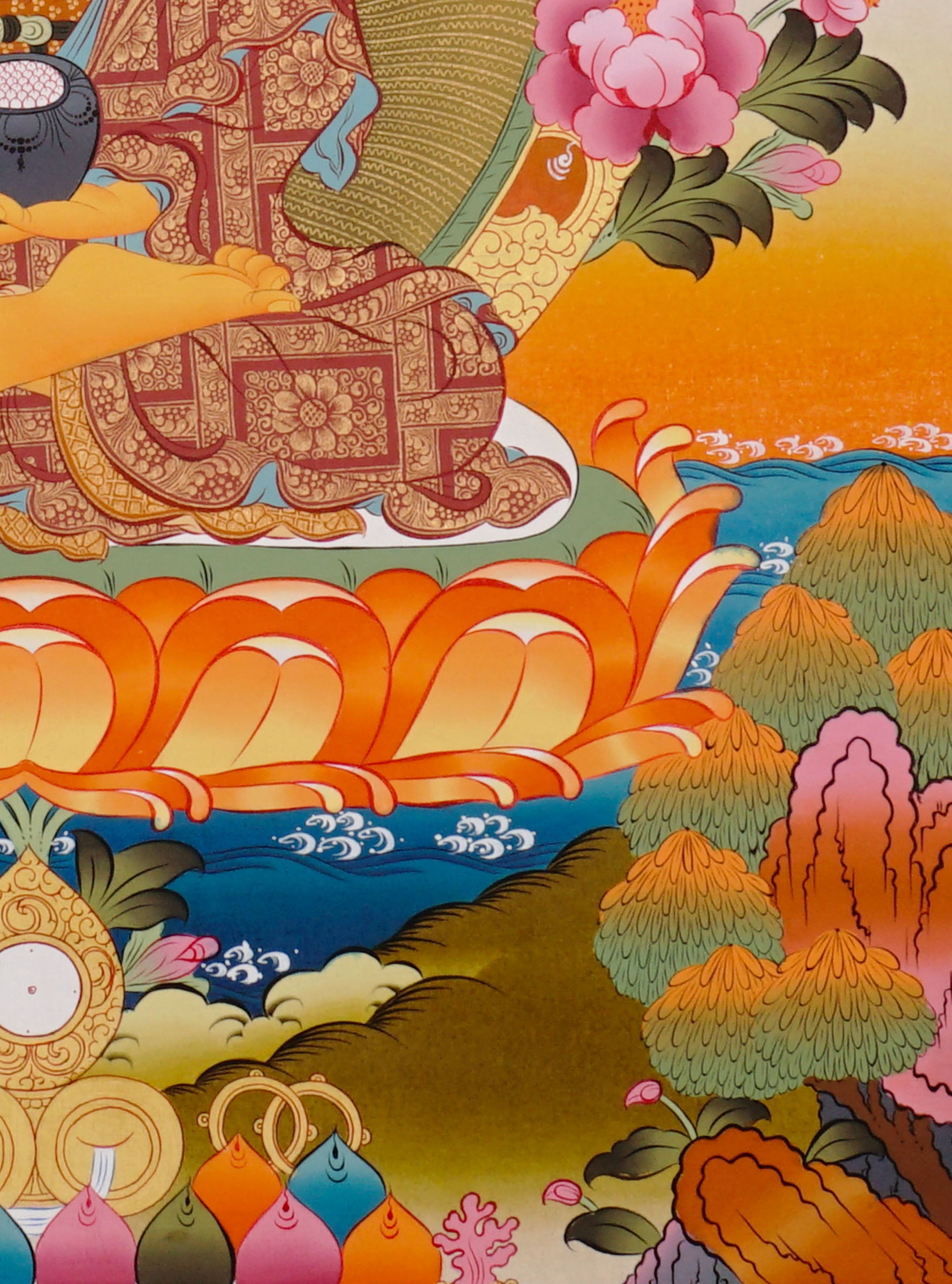 Shakyamuni Buddha Thangka painting with lotus throne, alms bowl, floral motifs, and Tibetan Buddhist enlightenment symbolism.