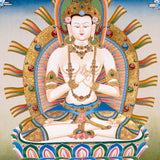 Five Dhyani Buddha Thangka Set featuring Vairocana, Akshobhya, Ratnasambhava, Amitabha and Amoghasiddhi seated on lotus thrones with radiant halos, jewel crowns, sacred ornaments and traditional Newari Buddhist details.