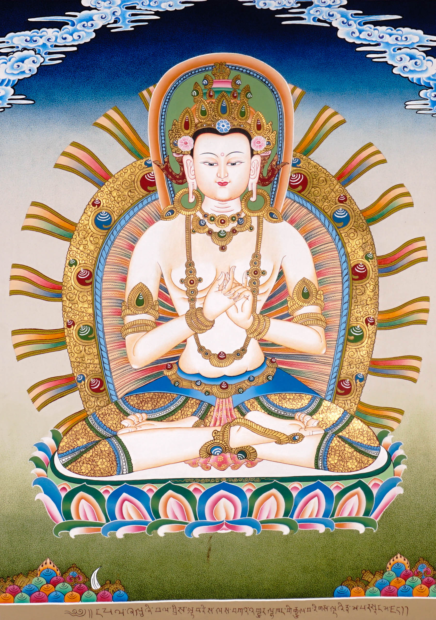 Five Dhyani Buddha Thangka Set featuring Vairocana, Akshobhya, Ratnasambhava, Amitabha and Amoghasiddhi seated on lotus thrones with radiant halos, jewel crowns, sacred ornaments and traditional Newari Buddhist details.